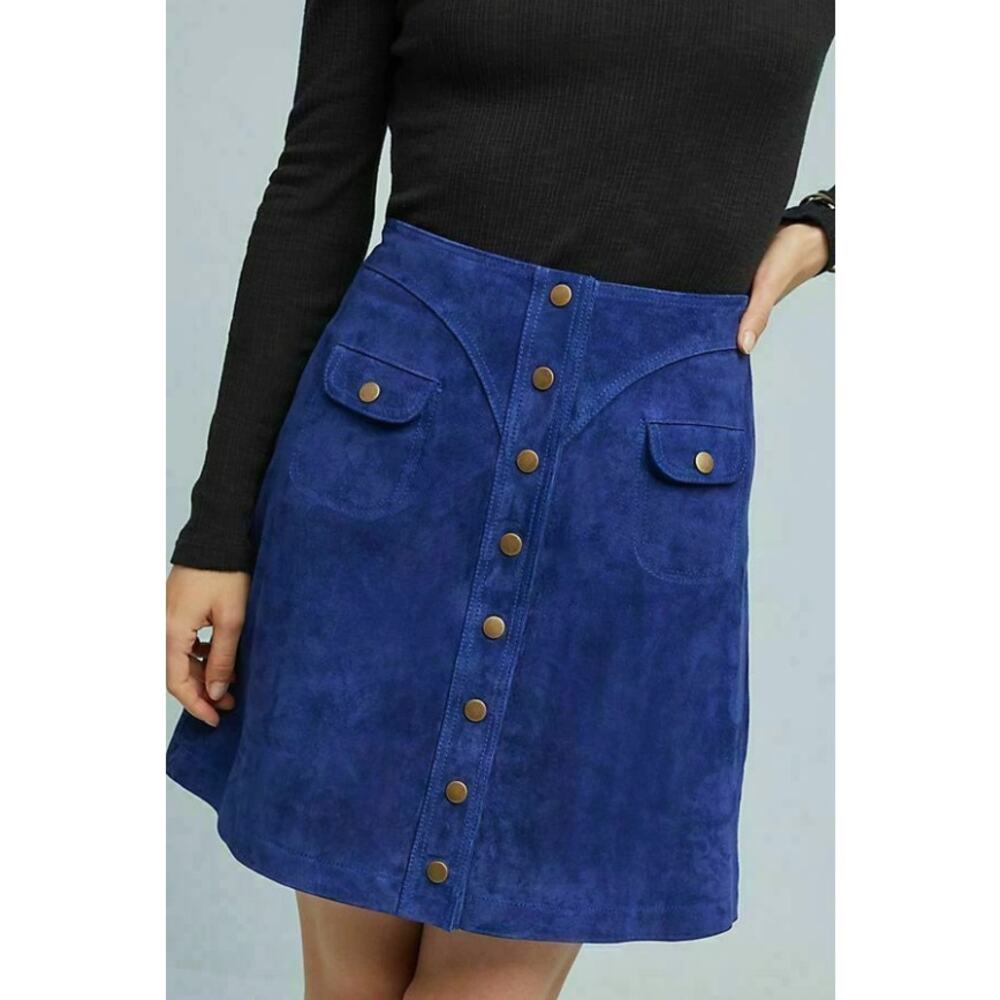 Anthropologie Blue Suede Mini Skirt Size 2 Cobalt Snap Front A-Line, Retrto, Mod